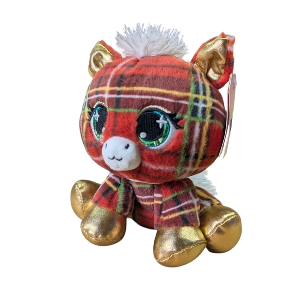 New Macy's Red Green Plaid Plush Animal Horse Gold Paws Holiday Christmas Gift - Picture 4 of 12